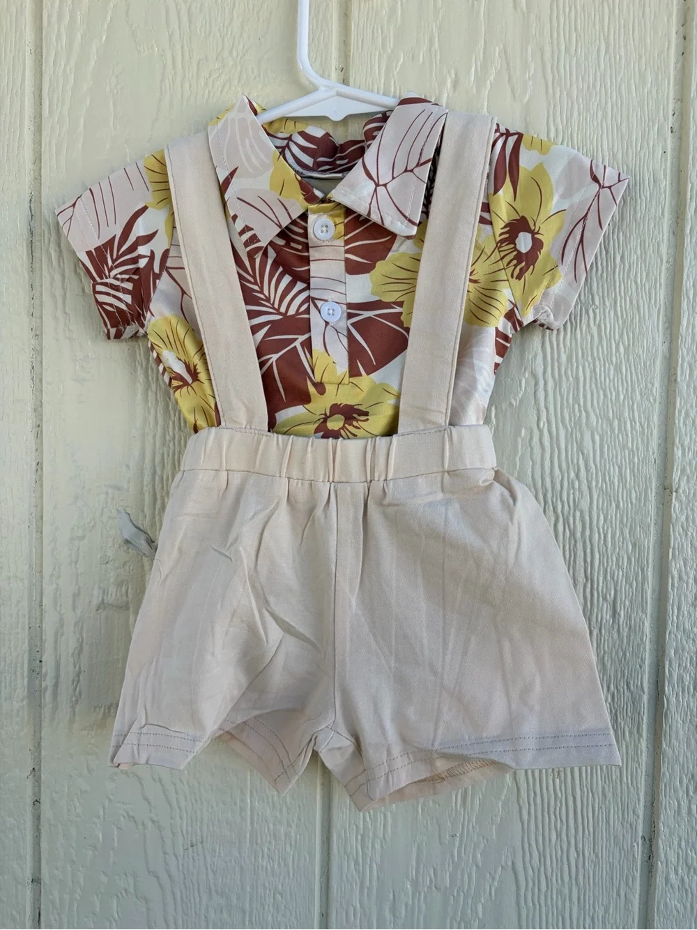 Cream Suspender Shorts with Yellow & Brown Floral Bodysuit - Girls Bottoms 12 M